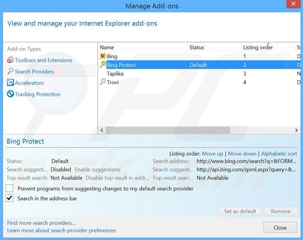 Suppression du moteur de recherche par défaut de BingProtect dans Internet Explorer 