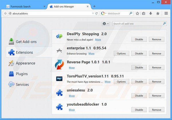 Suppression des extensions reliées à searchfunmoods.com dans Mozilla Firefox 