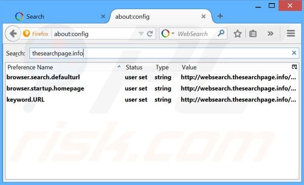 Suppression du moteur de recherche par défaut de websearch.thesearchpage.info dans Mozilla Firefox 