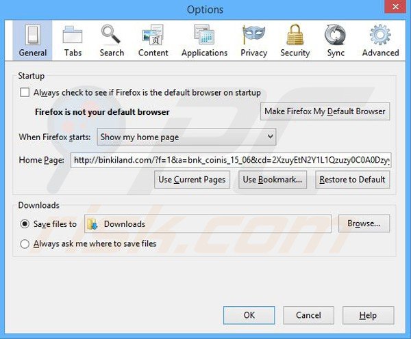 Suppression de la page d'accueil de binkiland.com dans Mozilla Firefox 