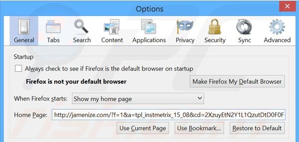 Suppression de la page d'accueil de jamenize.com dans Mozilla Firefox 