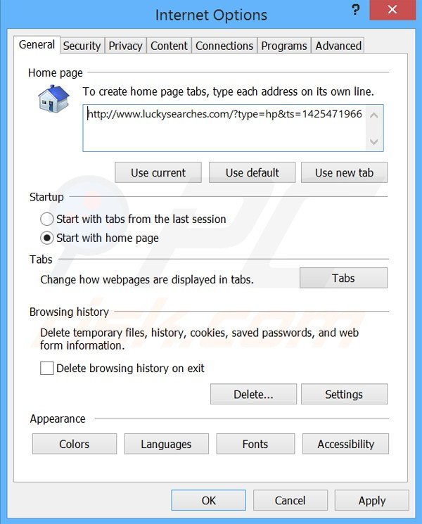 Suppression de la page d'accueil de luckysearches.com dans Internet Explorer 