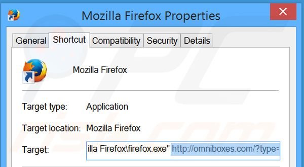 Suppression du raccourci cible d'omniboxes.com dans Mozilla Firefox étape 2