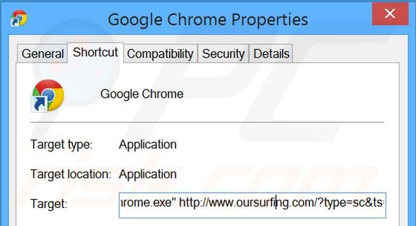 Suppression du raccourci cible d'oursurfing.com dans Google Chrome étape 2