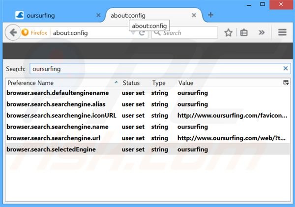 Suppression du moteur de recherche par défaut d'oursurfing.com dans Mozilla Firefox 
