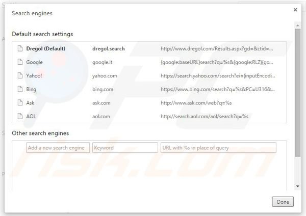 Suppression du moteur de recherche par défaut de dregol.com dans Google Chrome 