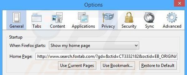 Suppression de la page d'accueil de search.foxtab.com dans Mozilla Firefox 