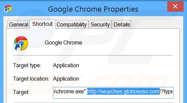 Suppression du raccourci cible de searches.globososo.com dans Google Chrome étape 2
