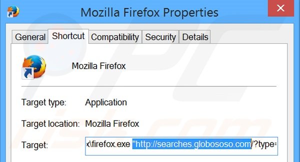 Suppression du raccourci cible de searches.globososo.com dans Mozilla Firefox étape 2