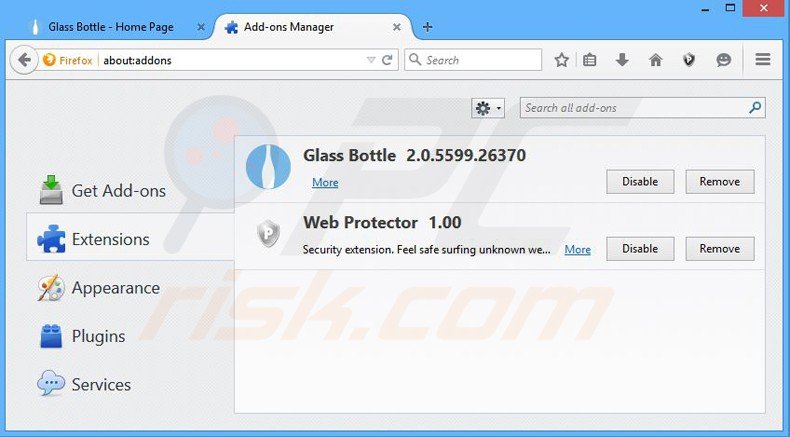 Suppression des publicités glass bottle dans Mozilla Firefox étape 2
