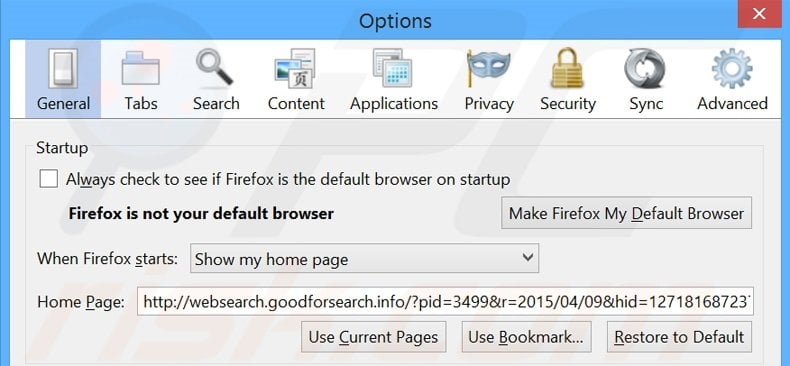 Suppression de la page d'accueil de websearch.goodforsearch.info dans Mozilla Firefox 