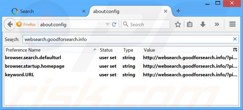 Suppression du moteur de recherche par défaut de websearch.goodforsearch.info dans Mozilla Firefox 