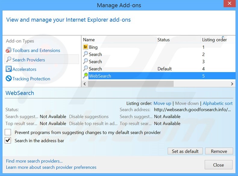 Suppression du moteur de recherche par défaut de websearch.goodforsearch.info dans Internet Explorer