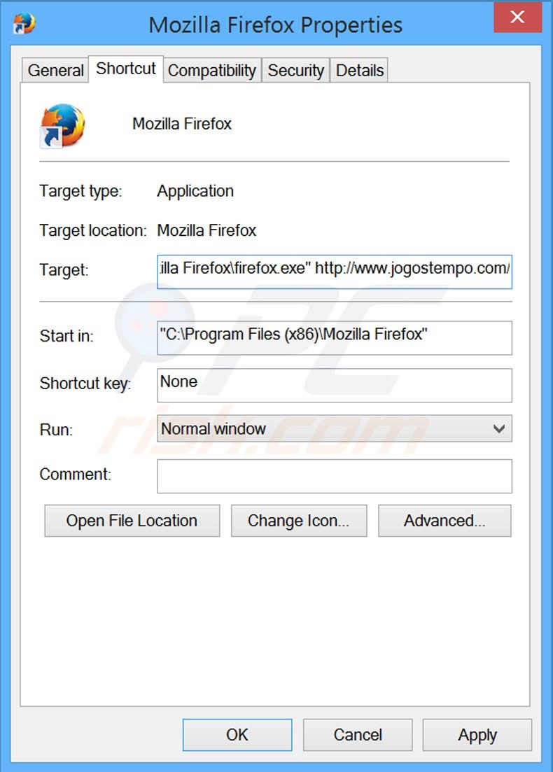 Suppression du raccourci cible de jogostempo.com dans Mozilla Firefox étape 2