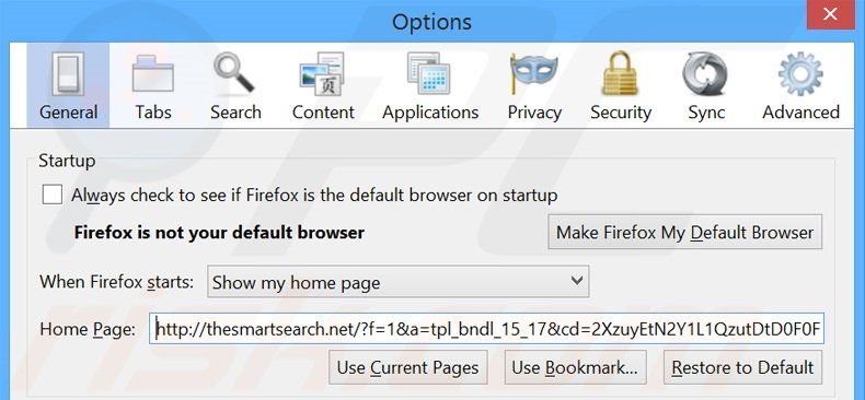 Suppression de la page d'accueil de thesmartsearch.net dans Mozilla Firefox 
