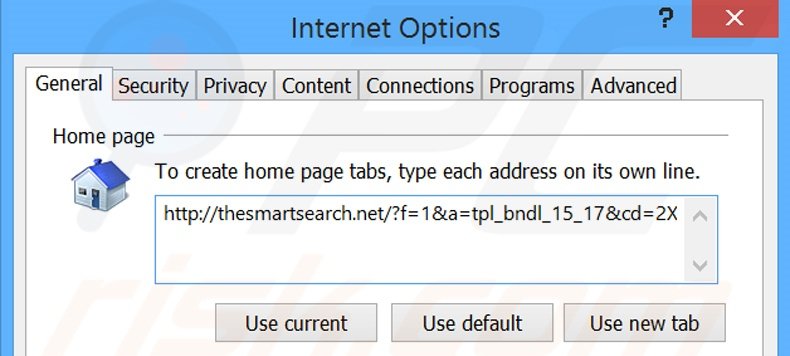 Suppression de la page d'accueil de thesmartsearch.net dans Internet Explorer 