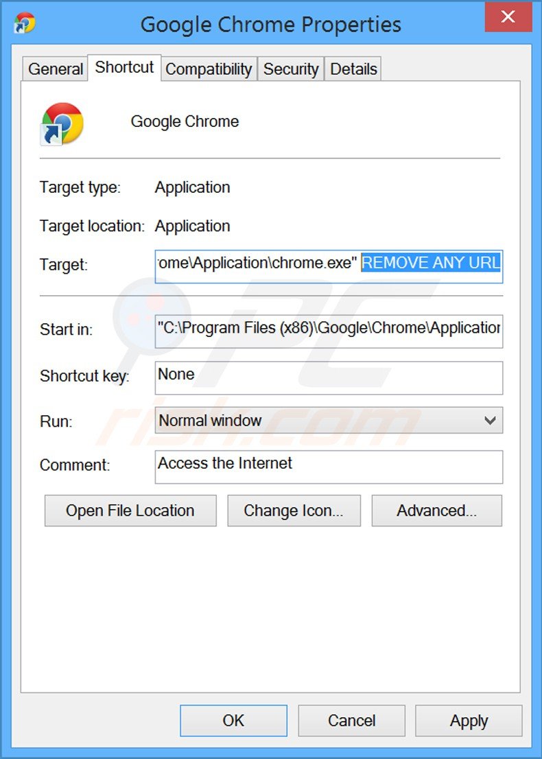Suppression d'URL indésirabe du raccourci cible dans Google Chrome étape 2