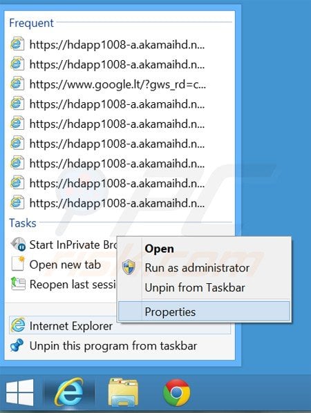 Suppression des urls indésirables du raccourci cible dans Internet Explorer étape 1