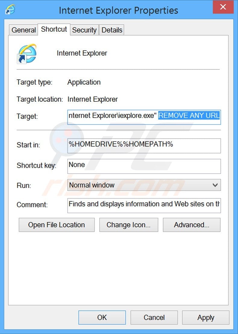 Suppression des urls indésirables du raccourci cible dans Internet Explorer étape 2