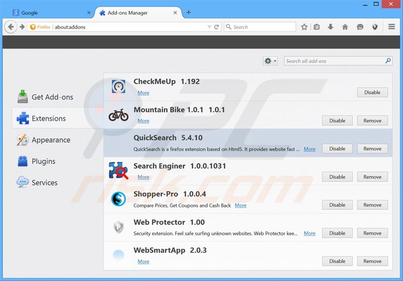 Suppression des extensions reliées à xtab dans Mozilla Firefox 