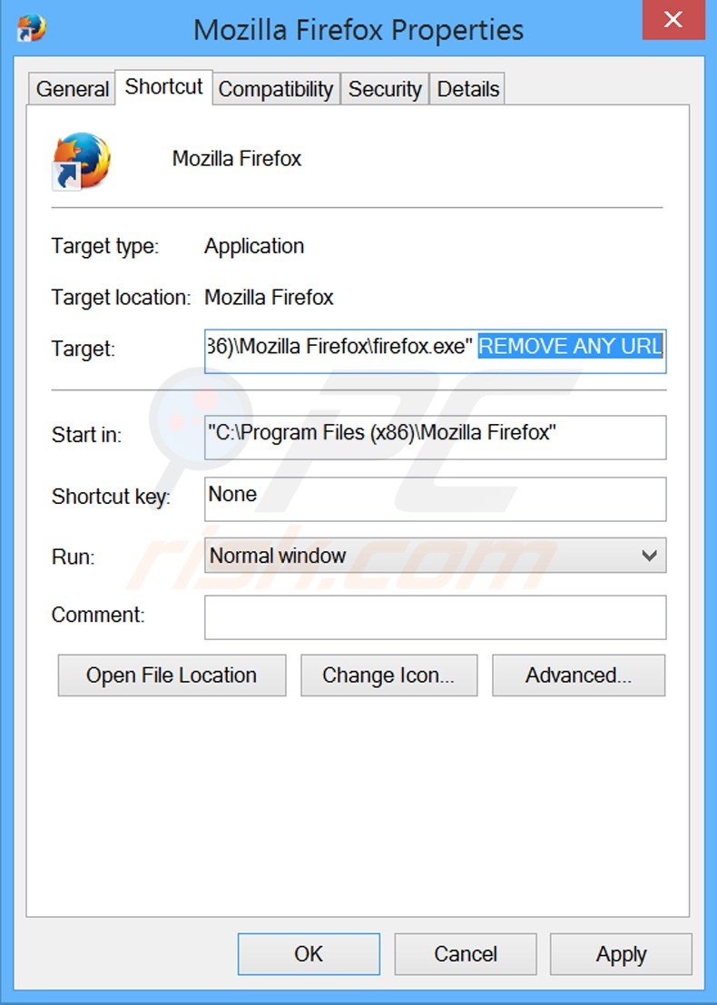 Suppression d'URL indésirable du raccourci cible dans Mozilla Firefox étape 2