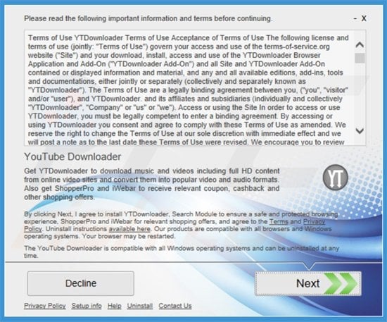Instalatleur utilisé dans la distribution du logiciel de publicité YTDownloader 