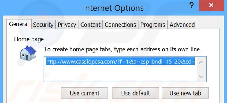 Suppression de la page d'accueil de cassiopesa.com dans Internet Explorer