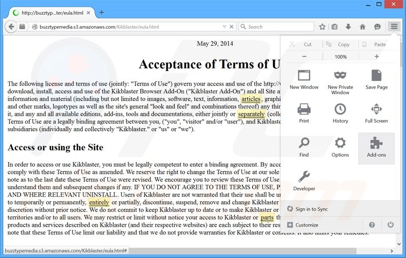 Suppression des publicités Kikblaster dans Mozilla Firefox étape 1