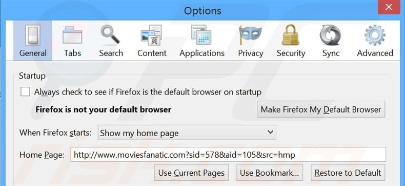Suppression de la page d'accueil de moviesfanatic.com dans Mozilla Firefox