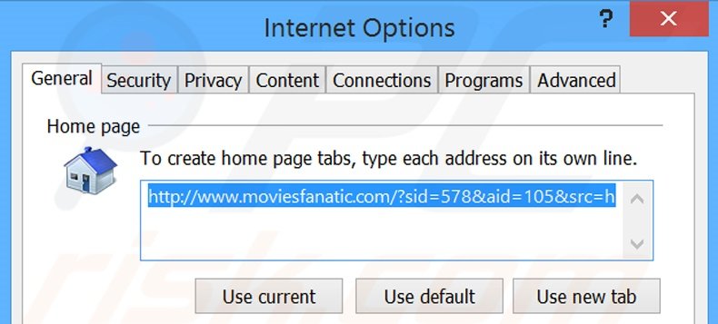Suppression de la page d'accueil de moviesfanatic.com dans Internet Explorer 