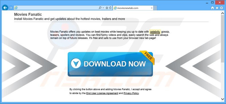 Site web faisant la promotion de l'installation du pirate de navigateur moviesfanatic.com: