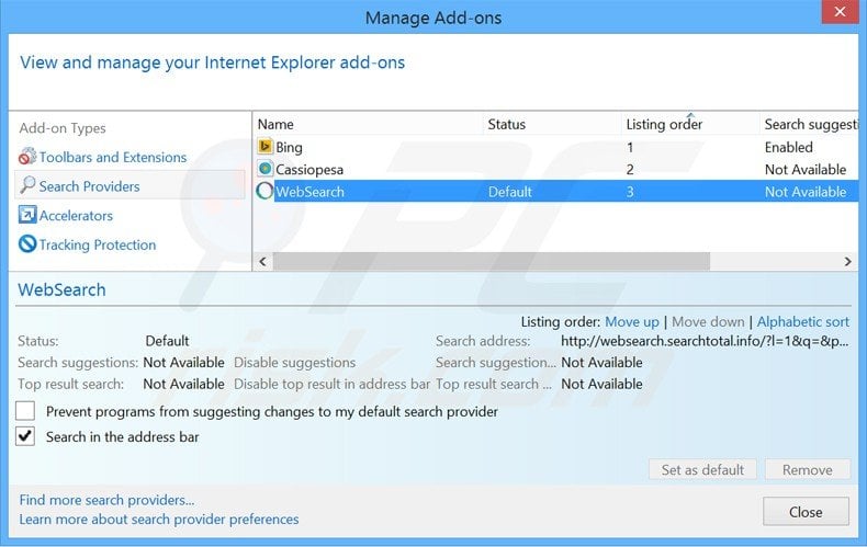Suppression du moteur de recherche par défaut de websearch.searchtotal.info dans Internet Explorer 
