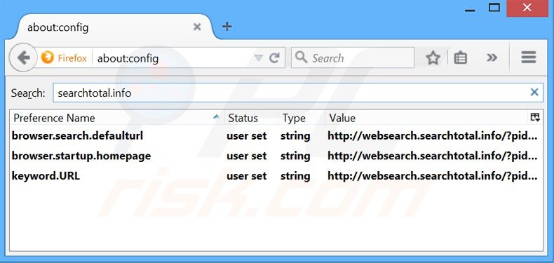 Suppression du moteur de recherche par défaut de websearch.searchtotal.info dans Mozilla Firefox 