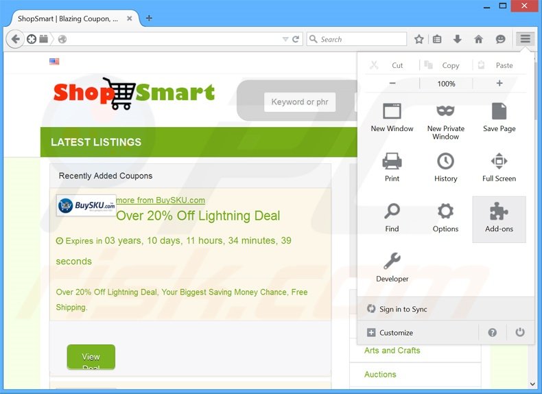 Suppression des publicités ShopSmart dans Mozilla Firefox étape 1