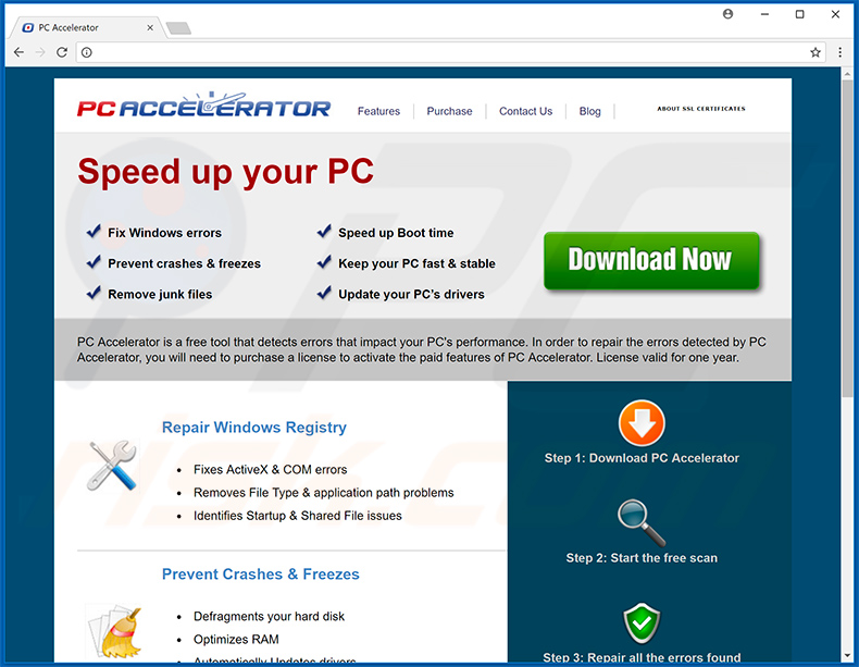 Site Web utilisé pour promouvoir l'application indésirable de PC Accelerator