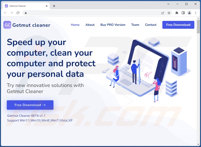 Site Web utilisé pour promouvoir Getmut Cleaner PUA