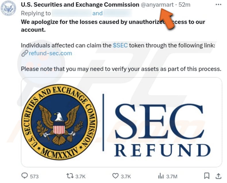 SEC Token Refund Airdrop arnaque X (Twitter) faisant la promotion de cette arnaque