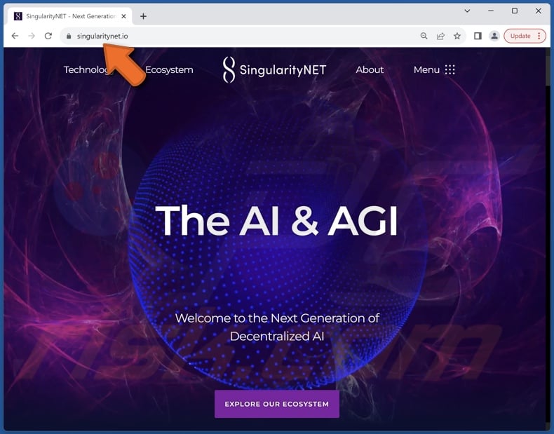 Real SingularityNET website which is imitated by its namesake scam