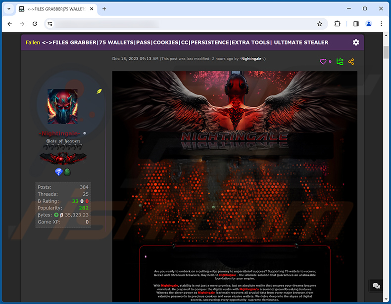 Nightingale promu sur des forums de hackers