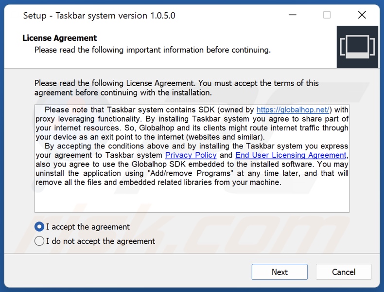 Configuration de l'installation de l'application Taskbar system