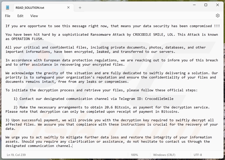 Crocodile Smile ransomware fichier texte (READ_SOLUTION.txt)