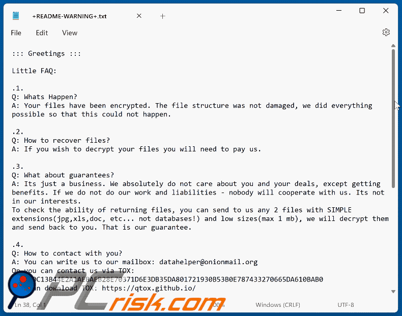 Datah ransomware fichier texte (+README-WARNING+.txt)