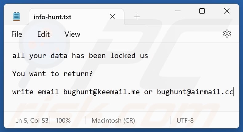 Fichier texte du ransomware Hunt (info-hunt.txt)