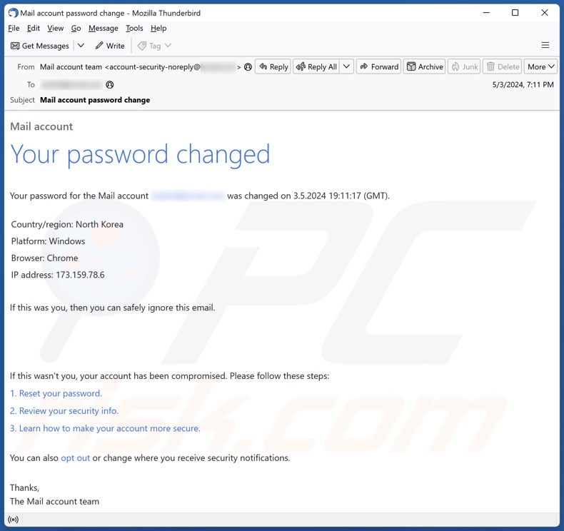 Your Password Changed Campagne de spam par courrier électronique