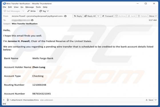 E-mail frauduleux Wells Fargo - Pending Wire Transfer