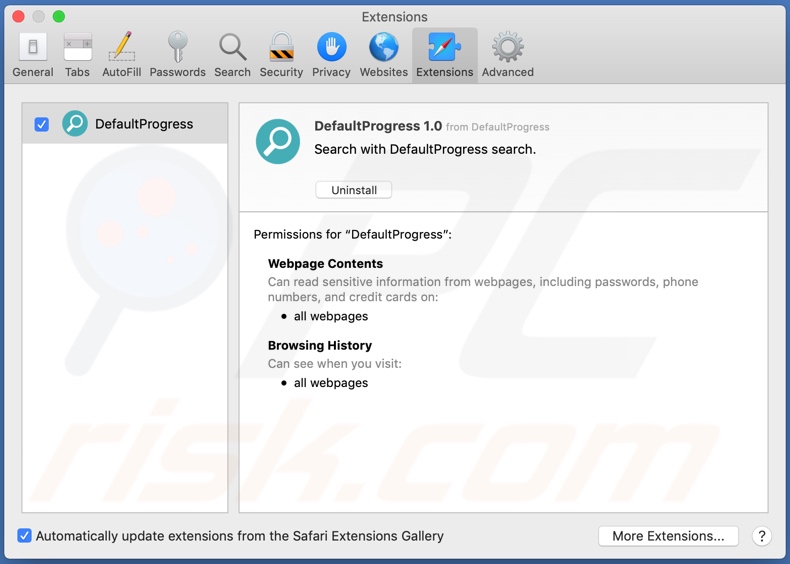 DefaultProgress adware installed onto Safari
