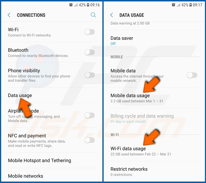 Vérification de l'utilisation des données de diverses applications dans le système d'exploitation Android (étape 2)