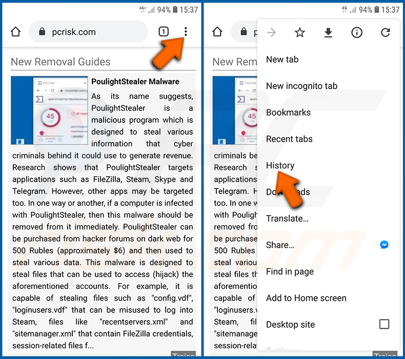 Suppression de l'historique de navigation de Chrome dans le système d'exploitation Android (étape 1)