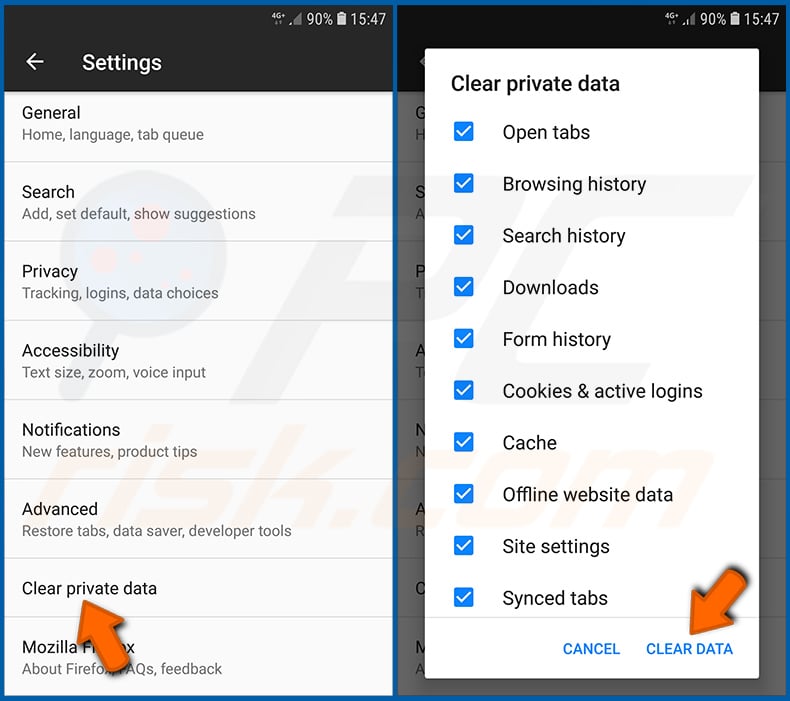 Delete browsing history from the Firefox in the Android operating system (step 2)