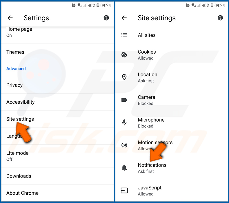 Désactivation des notifications du navigateur dans le navigateur Chrome dans le système d'exploitation Android (étape 2)